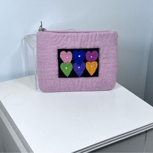 Pink Soft Wool Pouch With Felt Heart Patchwork Design.